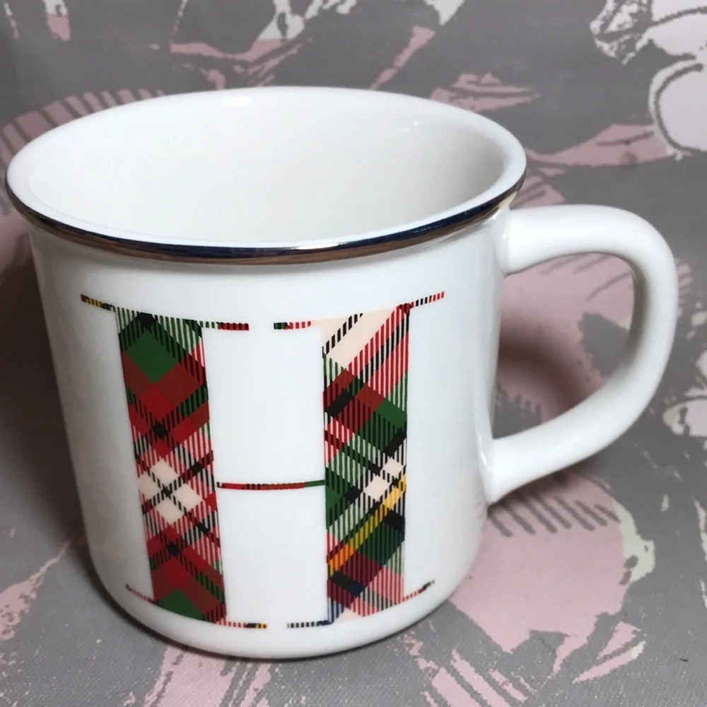 Pottery Barn Brand Tartan Plaid Letter H Monogram Mug Cream Color